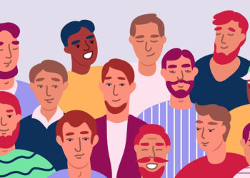 Ilustración de hombres diversos promoviendo la equidad de género.