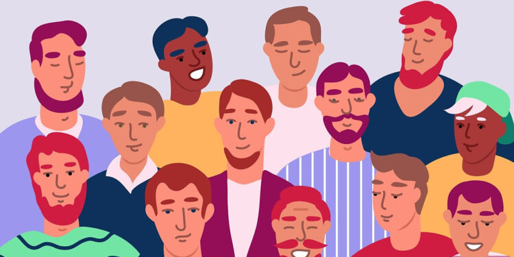 Ilustración de hombres diversos promoviendo la equidad de género.