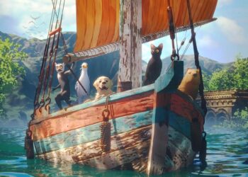 Gato negro sobre una embarcación junto a otros animales en un mundo inundado.