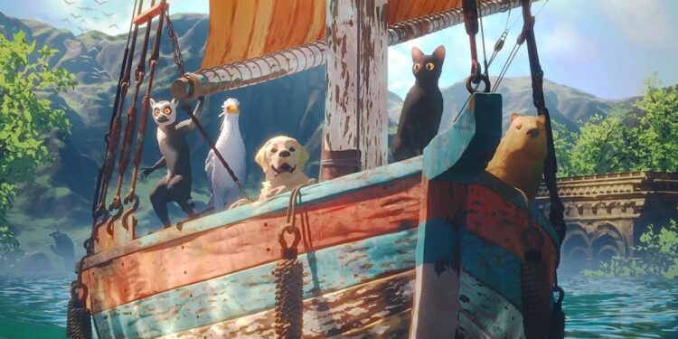 Gato negro sobre una embarcación junto a otros animales en un mundo inundado.