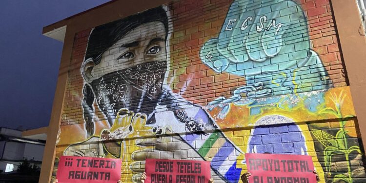 Estudiantes normalistas rurales marchan con pancartas en defensa de la educación pública.