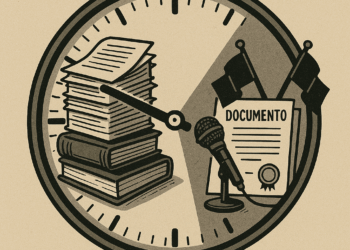 Reloj simbólico con una mitad enfocada en la reflexión académica y otra en la urgencia política, ilustrando el dilema de tiempos en la educación.