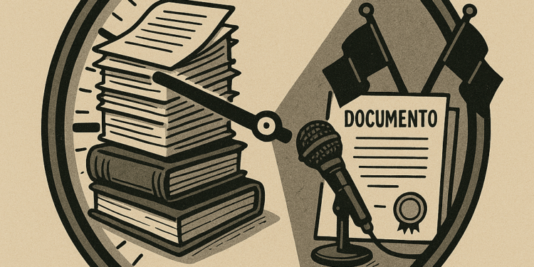 Reloj simbólico con una mitad enfocada en la reflexión académica y otra en la urgencia política, ilustrando el dilema de tiempos en la educación.