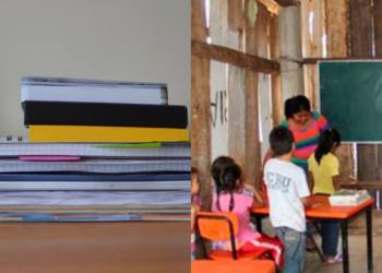 Composición entre un escritorio vacío y una escuela rural con actividad educativa cotidiana, simbolizando la desconexión entre políticas y realidad.