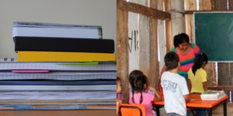 Composición entre un escritorio vacío y una escuela rural con actividad educativa cotidiana, simbolizando la desconexión entre políticas y realidad.