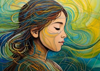 Ilustración en colores vivos que representa el mundo sensorial de un niño con autismo.