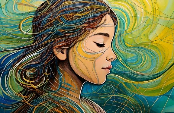 Ilustración en colores vivos que representa el mundo sensorial de un niño con autismo.