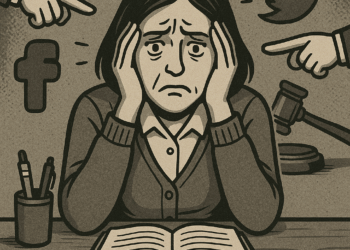 Ilustración de una docente angustiada frente a un entorno hostil representado por redes sociales y juicios sociales.