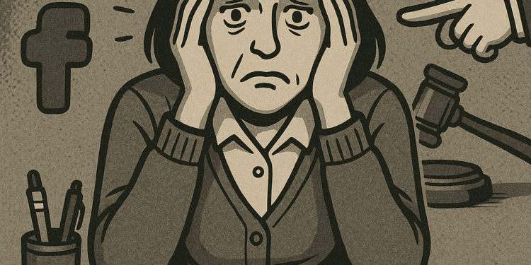 Ilustración de una docente angustiada frente a un entorno hostil representado por redes sociales y juicios sociales.