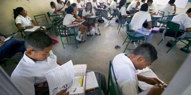 Estudiantes de primaria en América Latina trabajando en el aula; muchos enfrentan dificultades en comprensión lectora y matemáticas.