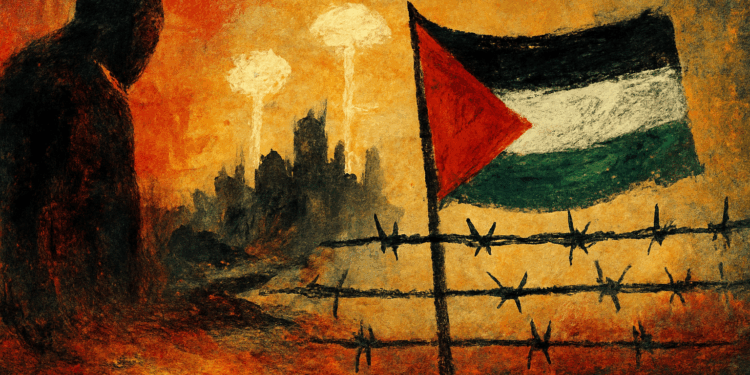 Ilustración conceptual del poder opresor en Medio Oriente y la destrucción del pueblo palestino, con una bandera.