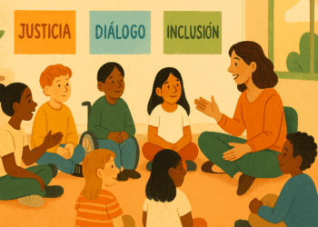 Aula con estudiantes de distintas etnias participando en diálogo grupal, en círculo, guiados por su docente.