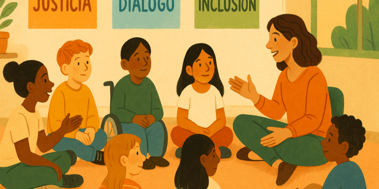 Aula con estudiantes de distintas etnias participando en diálogo grupal, en círculo, guiados por su docente.