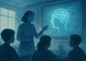 Ilustración de una maestra enseñando en un aula moderna con un asistente de inteligencia artificial, representando el diálogo entre educación y tecnología.