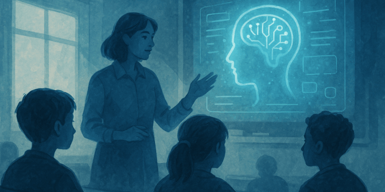 Ilustración de una maestra enseñando en un aula moderna con un asistente de inteligencia artificial, representando el diálogo entre educación y tecnología.