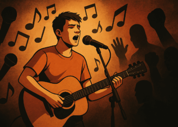 Joven cantautor en el escenario rodeado de símbolos musicales y sombras que sugieren censura.