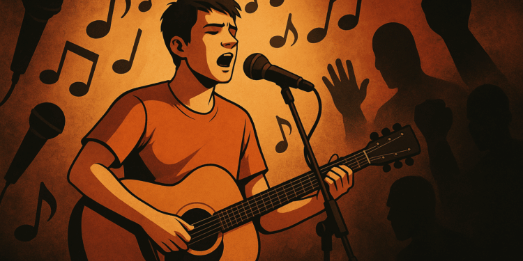Joven cantautor en el escenario rodeado de símbolos musicales y sombras que sugieren censura.