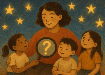 Ilustración de una docente guiando a niños bajo un cielo lleno de estrellas, con atmósfera cálida y simbólica.