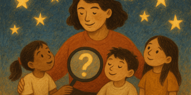 Ilustración de una docente guiando a niños bajo un cielo lleno de estrellas, con atmósfera cálida y simbólica.