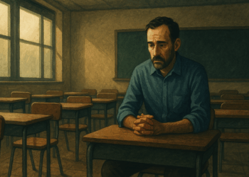 Maestro solo en un aula vacía, símbolo de vulnerabilidad y dignidad ante la falta de respaldo institucional.