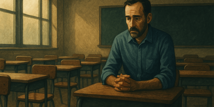 Maestro solo en un aula vacía, símbolo de vulnerabilidad y dignidad ante la falta de respaldo institucional.