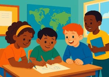 Ilustración de niños al rededor de una mesa estudiando