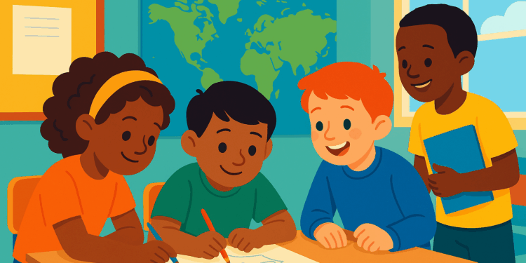 Ilustración de niños al rededor de una mesa estudiando