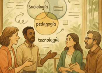 Docentes dialogando en un entorno universitario, frente a un esquema conceptual interdisciplinario.