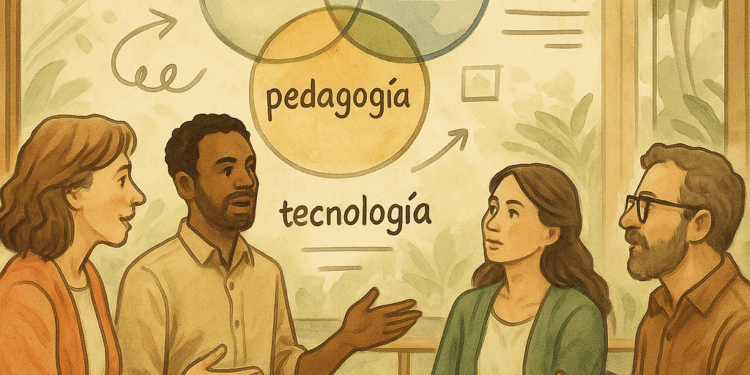 Docentes dialogando en un entorno universitario, frente a un esquema conceptual interdisciplinario.