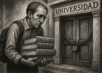 Profesor de asignatura con logros académicos frente a una puerta cerrada sin oportunidades laborales