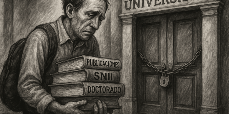 Profesor de asignatura con logros académicos frente a una puerta cerrada sin oportunidades laborales