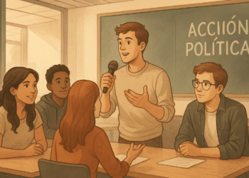 Jóvenes universitarios discutiendo temas sociales y políticos en un aula, como parte de su participación activa en la opinión pública.