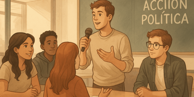 Jóvenes universitarios discutiendo temas sociales y políticos en un aula, como parte de su participación activa en la opinión pública.