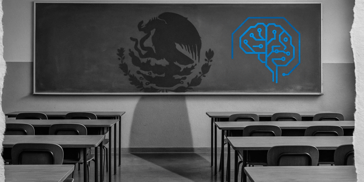 Salón de clases tradicional con simbología política proyectada en el fondo.