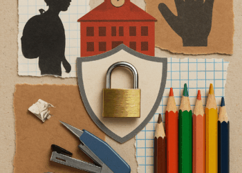 Docente en el aula, rodeado de materiales escolares y símbolos de múltiples funciones, reflejando sobrecarga institucional.