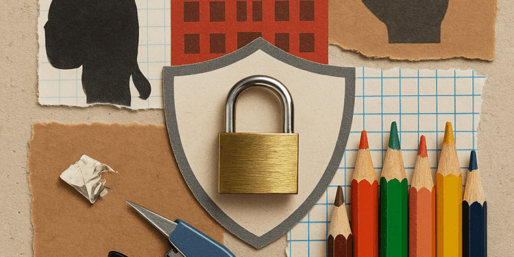 Docente en el aula, rodeado de materiales escolares y símbolos de múltiples funciones, reflejando sobrecarga institucional.