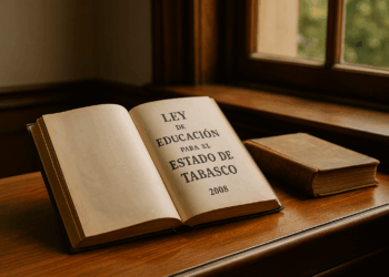 Libro de leyes abierto junto a banderas de Tabasco y México en un escritorio iluminado por luz natural.