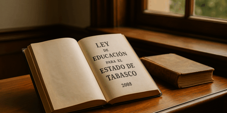 Libro de leyes abierto junto a banderas de Tabasco y México en un escritorio iluminado por luz natural.
