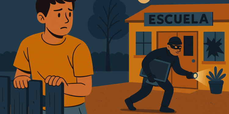 Escuela cerrada en vacaciones con señales de robo y un vecino vigilando desde la calle.