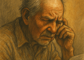 Ilustración de una persona mayor leyendo con dificultad un cartel en español, con luz cálida que ilumina su rostro, representando la lucha contra el analfabetismo en México