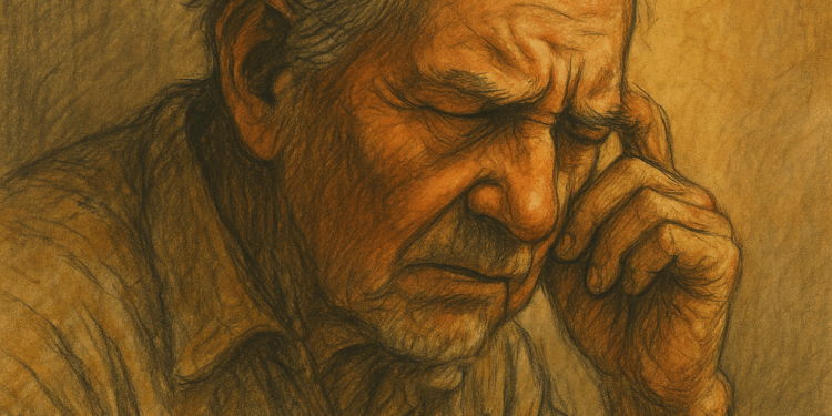 Ilustración de una persona mayor leyendo con dificultad un cartel en español, con luz cálida que ilumina su rostro, representando la lucha contra el analfabetismo en México