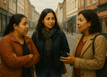 Ilustración de tres mujeres latinoamericanas charlando en una calle urbana de Alemania con edificios de fondo.