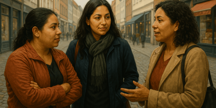 Ilustración de tres mujeres latinoamericanas charlando en una calle urbana de Alemania con edificios de fondo.