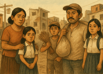 Familia mexicana en un barrio popular con contrastes entre estudio y trabajo informal, reflejando pobreza y rezagos estructurales.