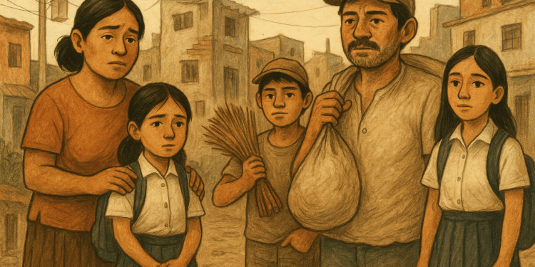 Familia mexicana en un barrio popular con contrastes entre estudio y trabajo informal, reflejando pobreza y rezagos estructurales.