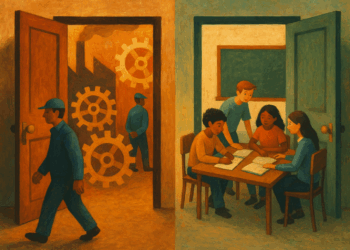 Ilustración con dos puertas abiertas: una hacia un entorno industrial y otra hacia una escuela comunitaria, representando las dos posibilidades de la NEM.