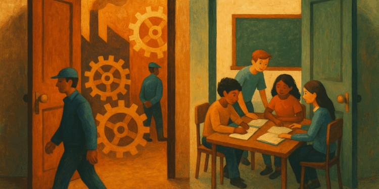 Ilustración con dos puertas abiertas: una hacia un entorno industrial y otra hacia una escuela comunitaria, representando las dos posibilidades de la NEM.