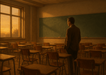 Aula universitaria vacía con pupitres, evocando nostalgia y abandono docente.