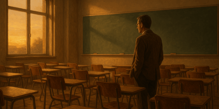 Aula universitaria vacía con pupitres, evocando nostalgia y abandono docente.