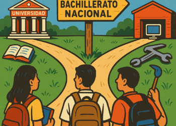 Ilustración en estilo editorial que muestre a jóvenes frente a una bifurcación: una vía lleva a una universidad, la otra a un taller de trabajo. En el centro, un letrero que dice “Nuevo Bachillerato Nacional”. Colores brillantes, estilo educativo.